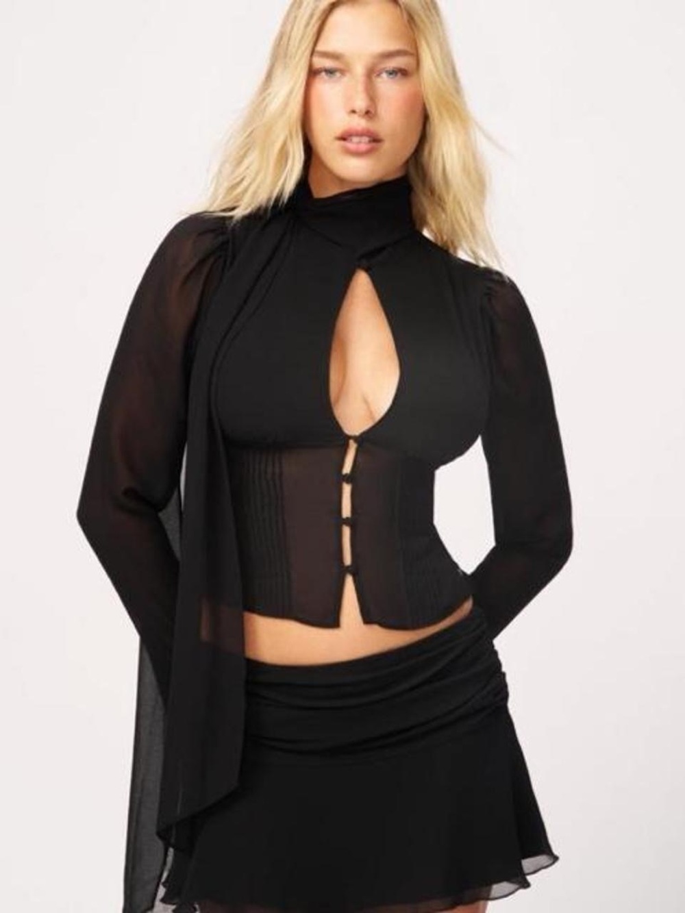 Black Keyhole Corset Top with Sheer Long Sleeves - Women